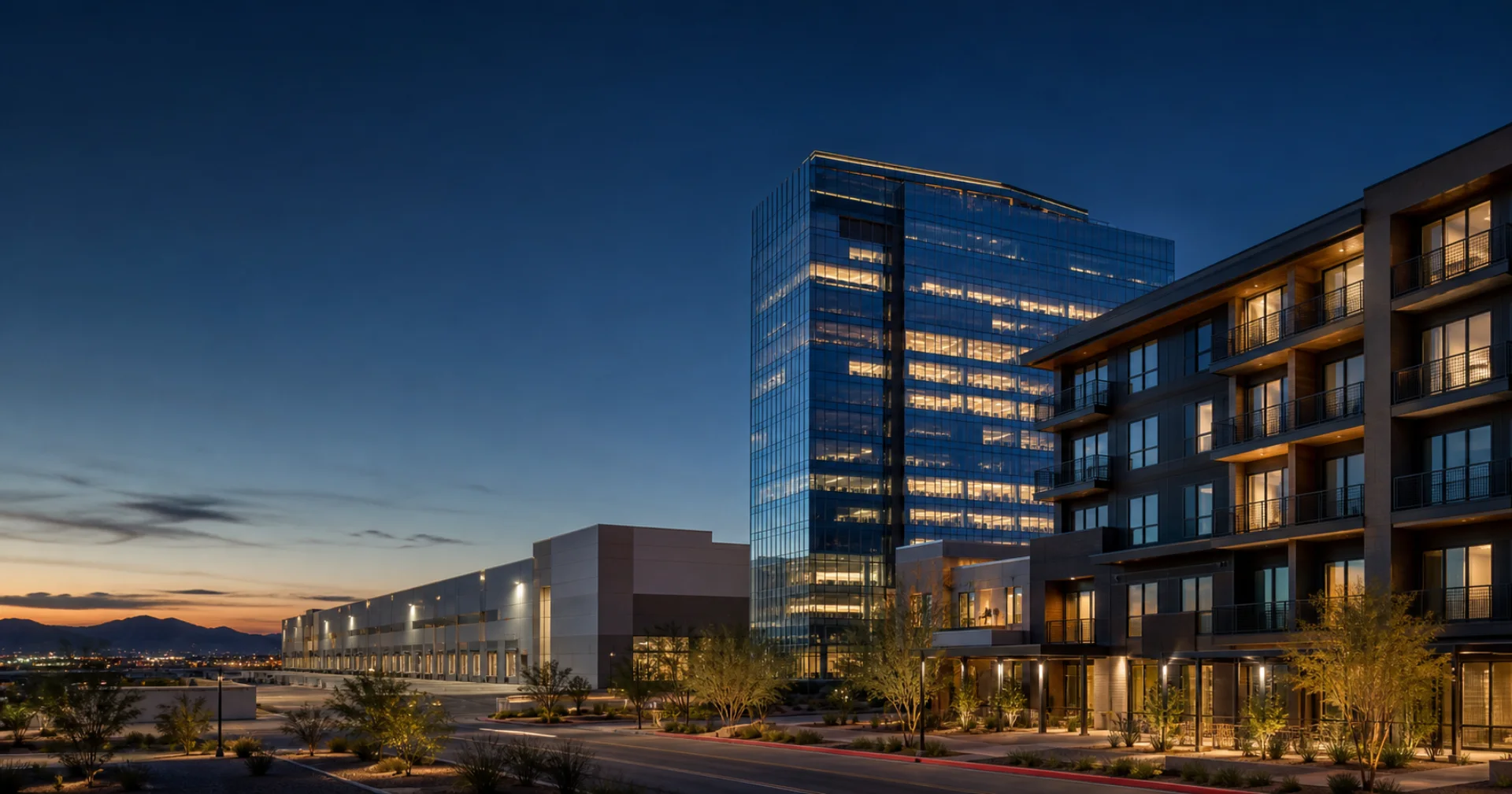 Commercial real estate skyline and properties representing market-focused broker content