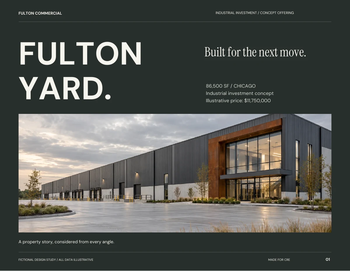 Fulton Yard memorandum cover, showing the fictional 86,500 square-foot Chicago industrial opportunity