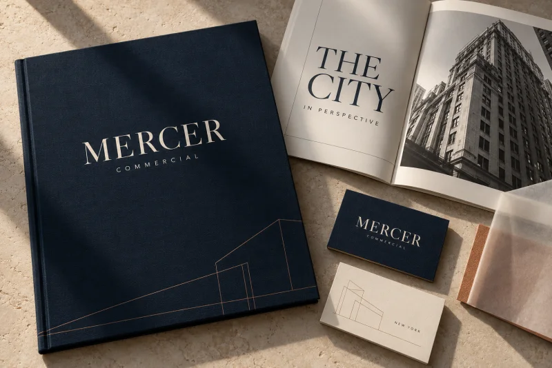 AI-generated Mercer identity application: a midnight-blue cloth folio, architectural editorial, and duplex business cards