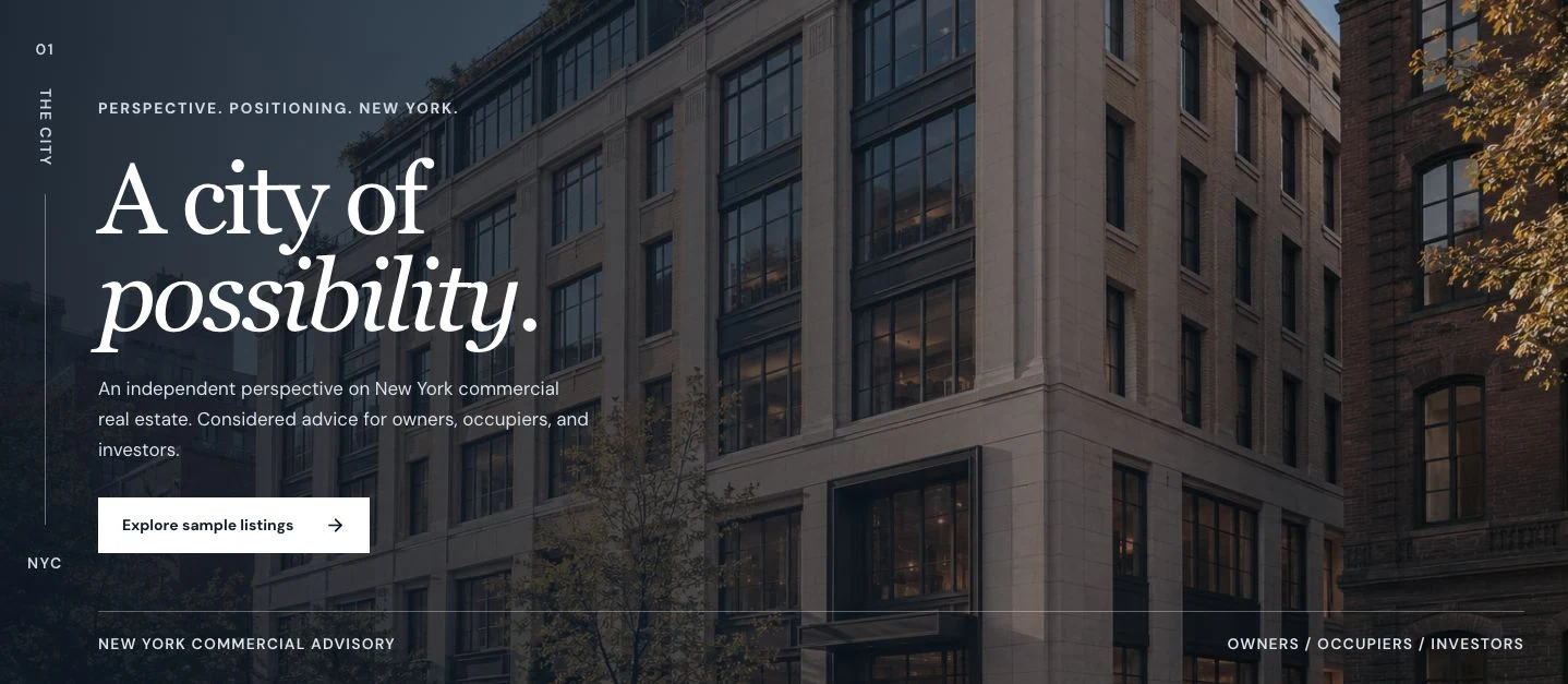 The working Mercer Commercial website, with an architectural hero, property introduction, and listing search link