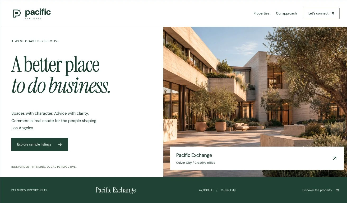 Pacific Partners working website: editorial typography, architectural imagery, and a featured Culver City leasing opportunity