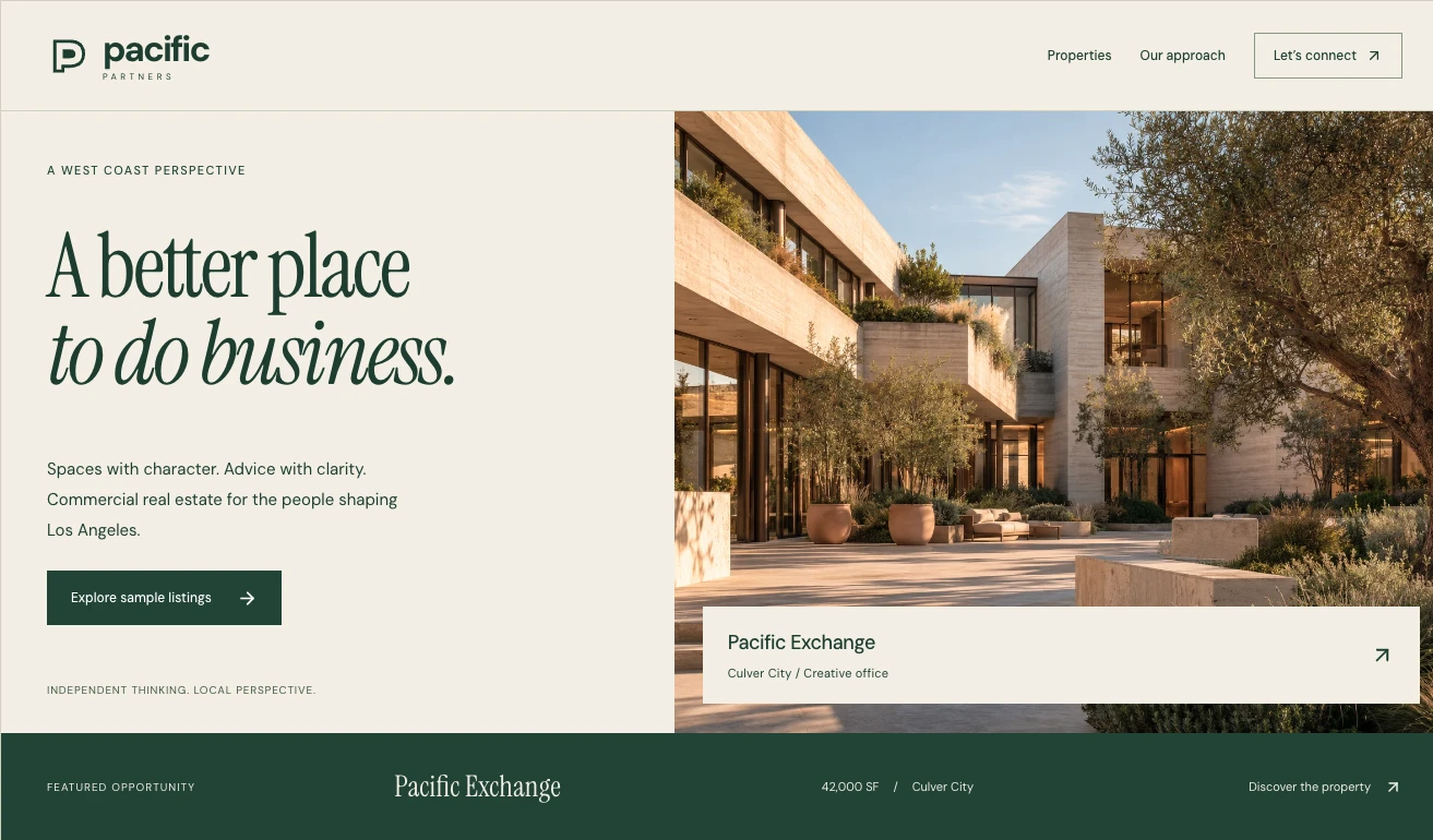 Pacific Partners working website: editorial typography, architectural imagery, and a featured Culver City leasing opportunity