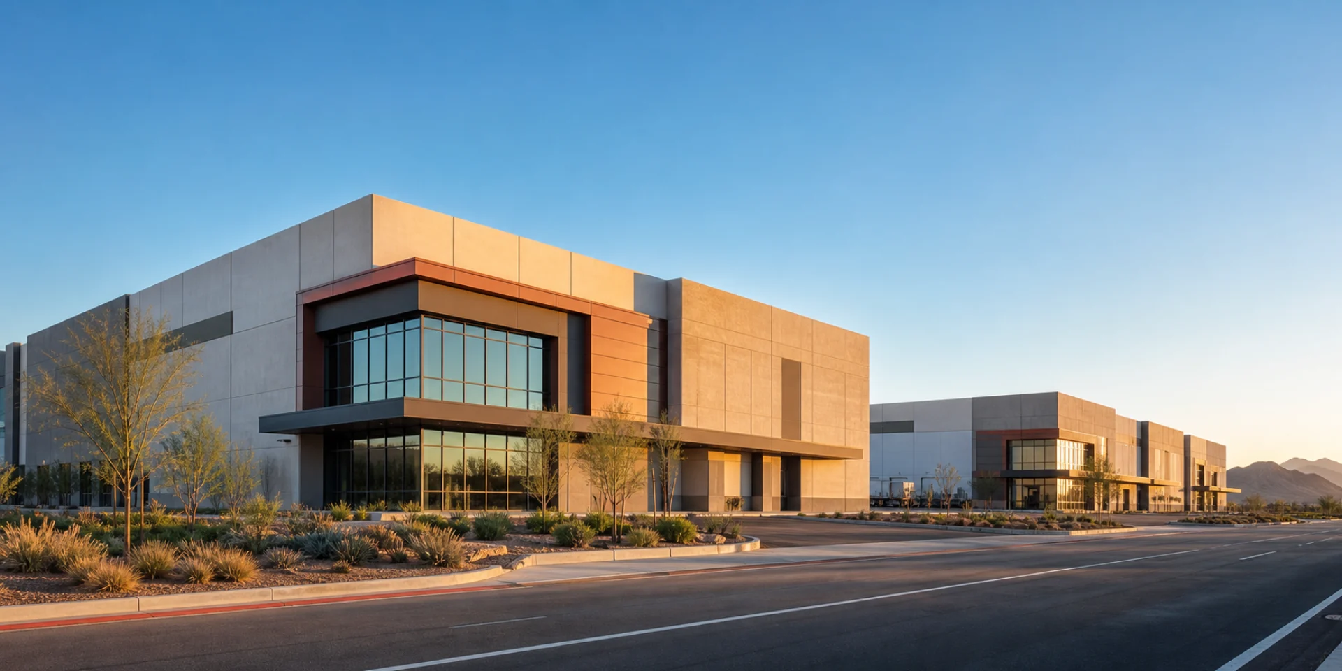 Modern industrial commercial property presented in a brokerage website concept
